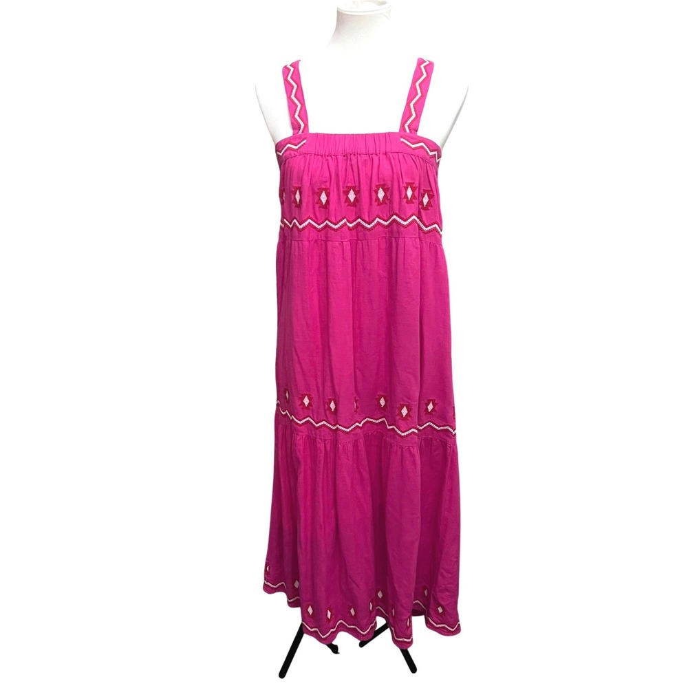 Linen Blend Embroidered Tiered Empire Waist Midi Dress SP LOFT Petites Pink